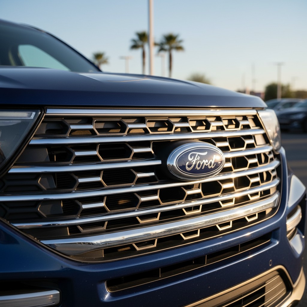 The image depicts the front of a dark blue Ford vehicle, with a close-up view of the grille.