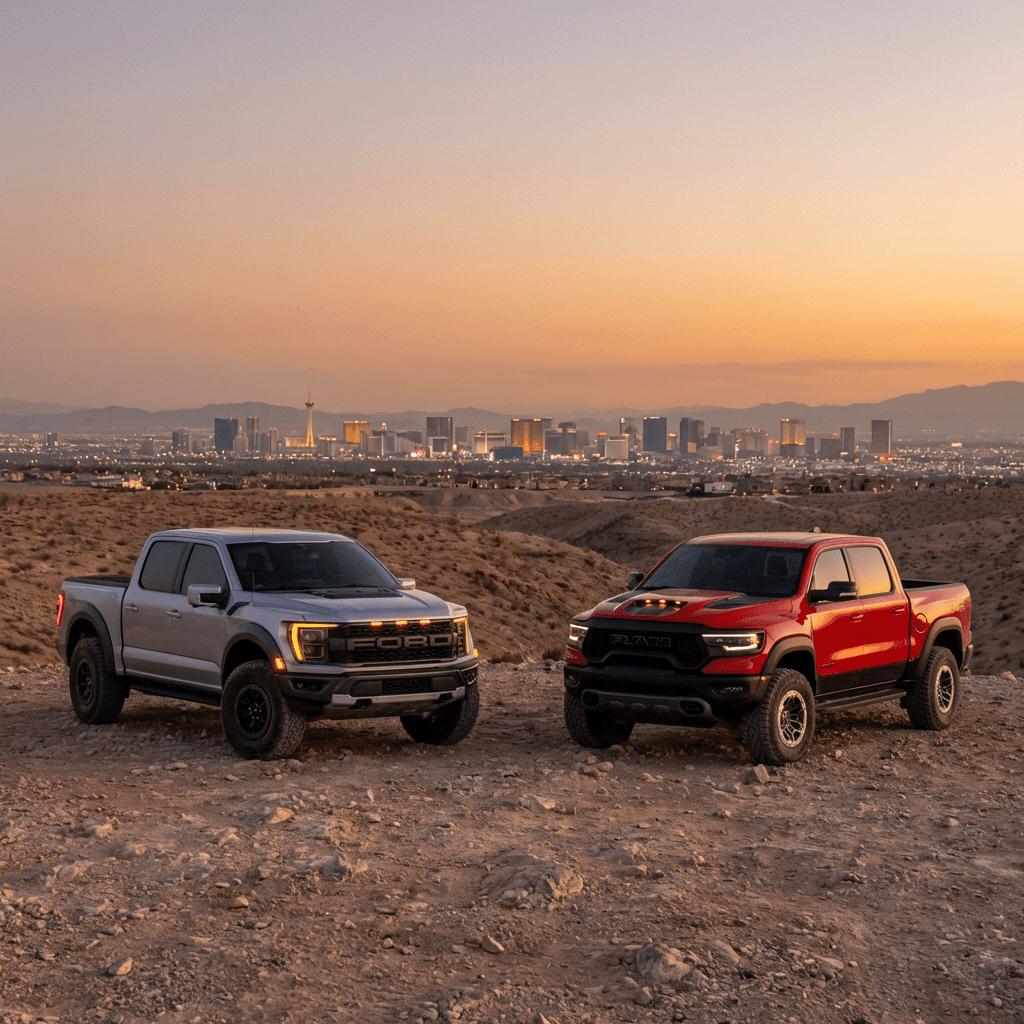 Silver Ford F-150 Raptor and red Ram 1500 TRX parked overlooking the Las Vegas skyline at dusk.