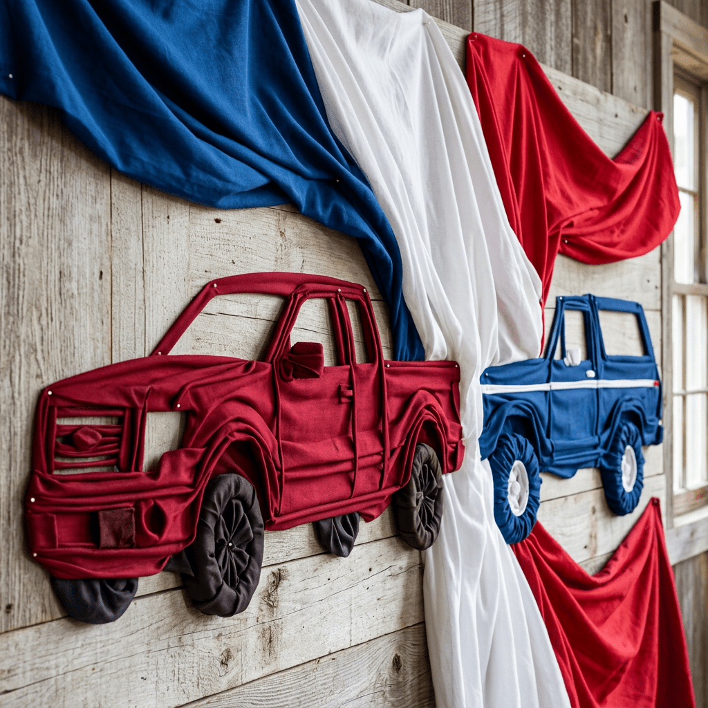 Red white blue fabric forming F150 Bronco silhouettes