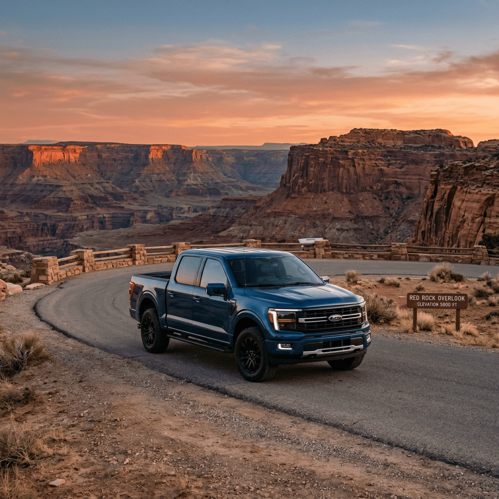 Blue Ford pickup truck parked on curved road at Red Rock Overlook with canyon cliffs