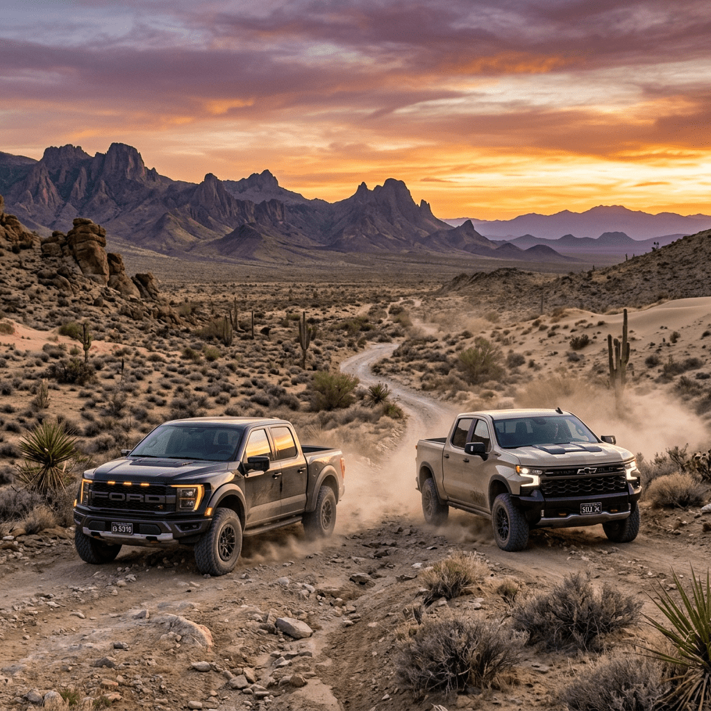 Two pickup trucks driving on a rocky desert trail with mountain backdrop and colorful sunset sky