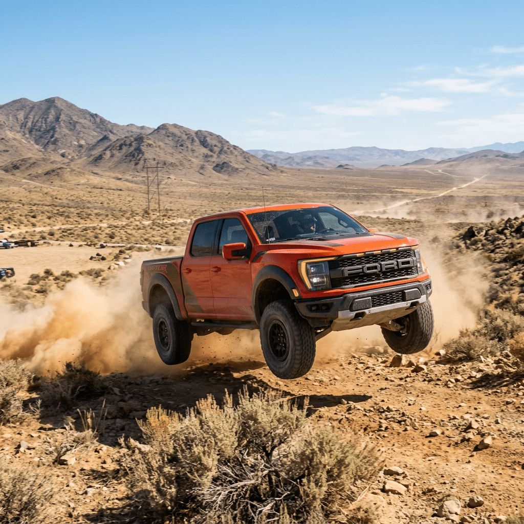 Orange Ford Raptor truck airborne on dusty desert trail