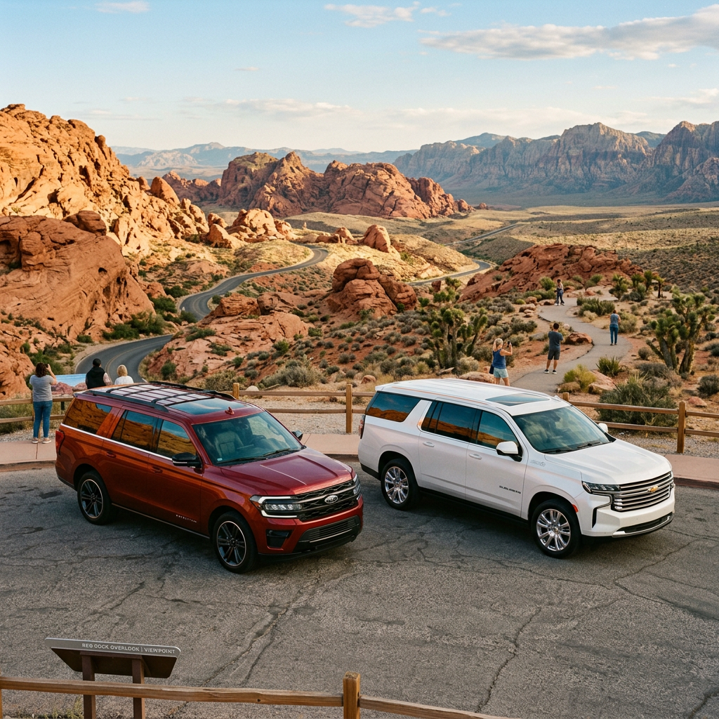 Red SUV and white SUV parked at desert viewpoint with people and rocky landscape