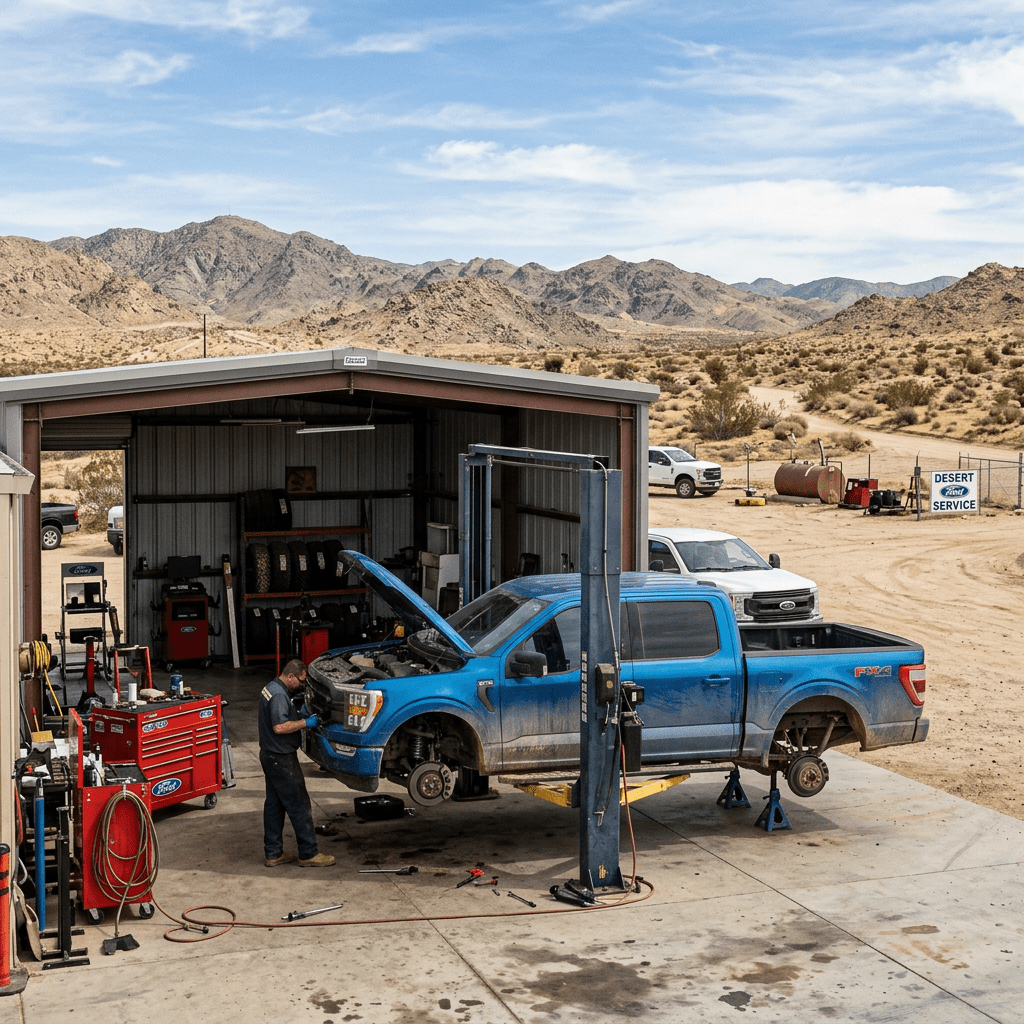 Mechanic repairing blue pickup truck with wheels removed in desert garage