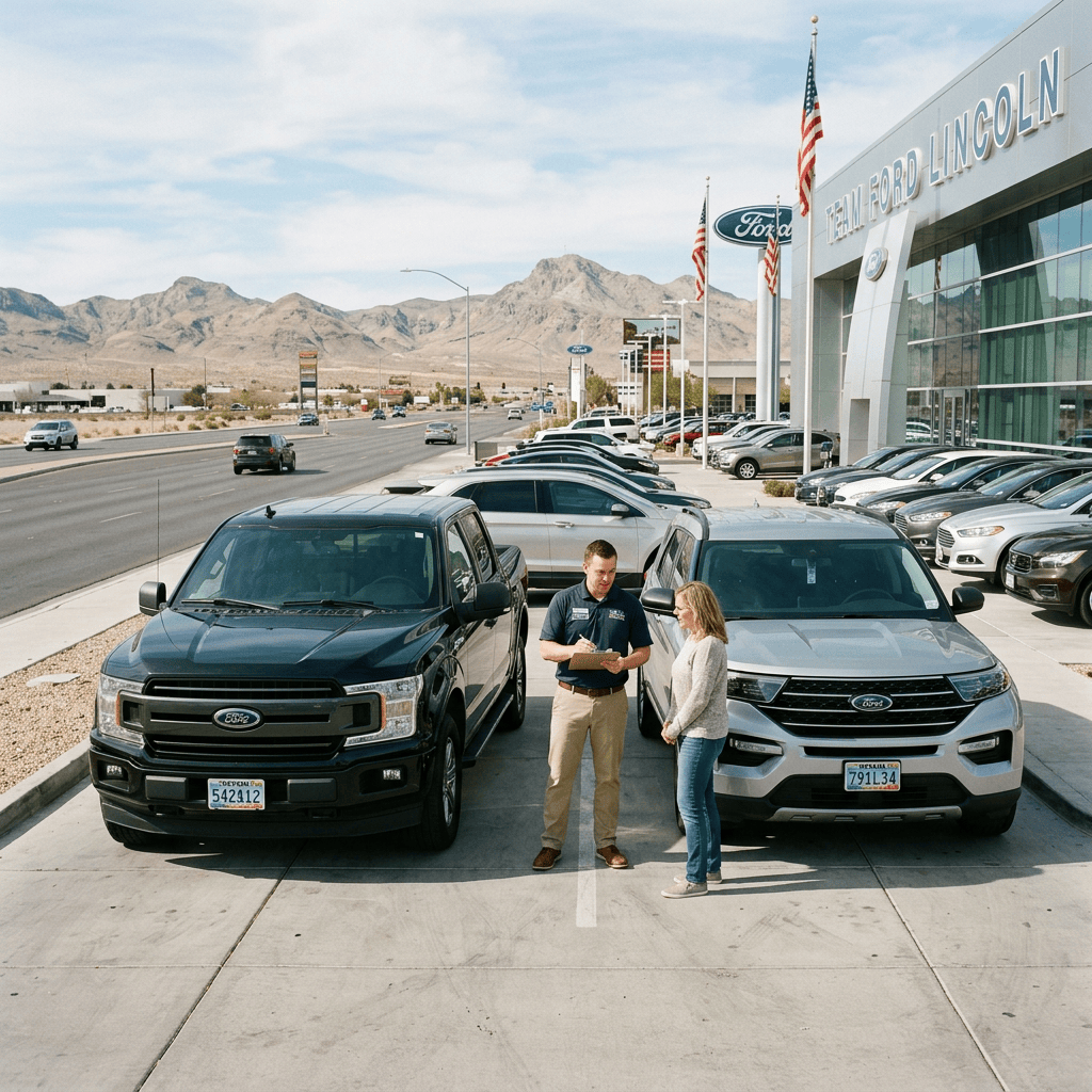 Salesperson and customer beside two trucks outside Team Ford Lincoln dealership