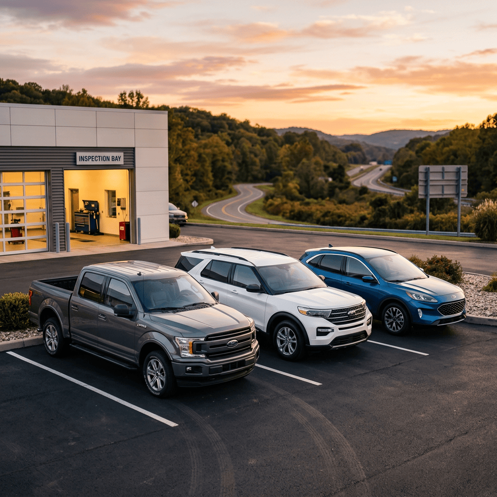 Three vehicles parked outside an inspection bay at sunset