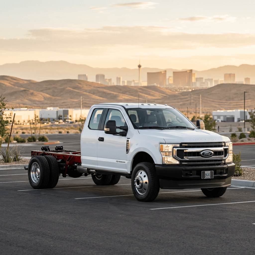 White Ford Super Duty chassis cab parked in a desert city setting
