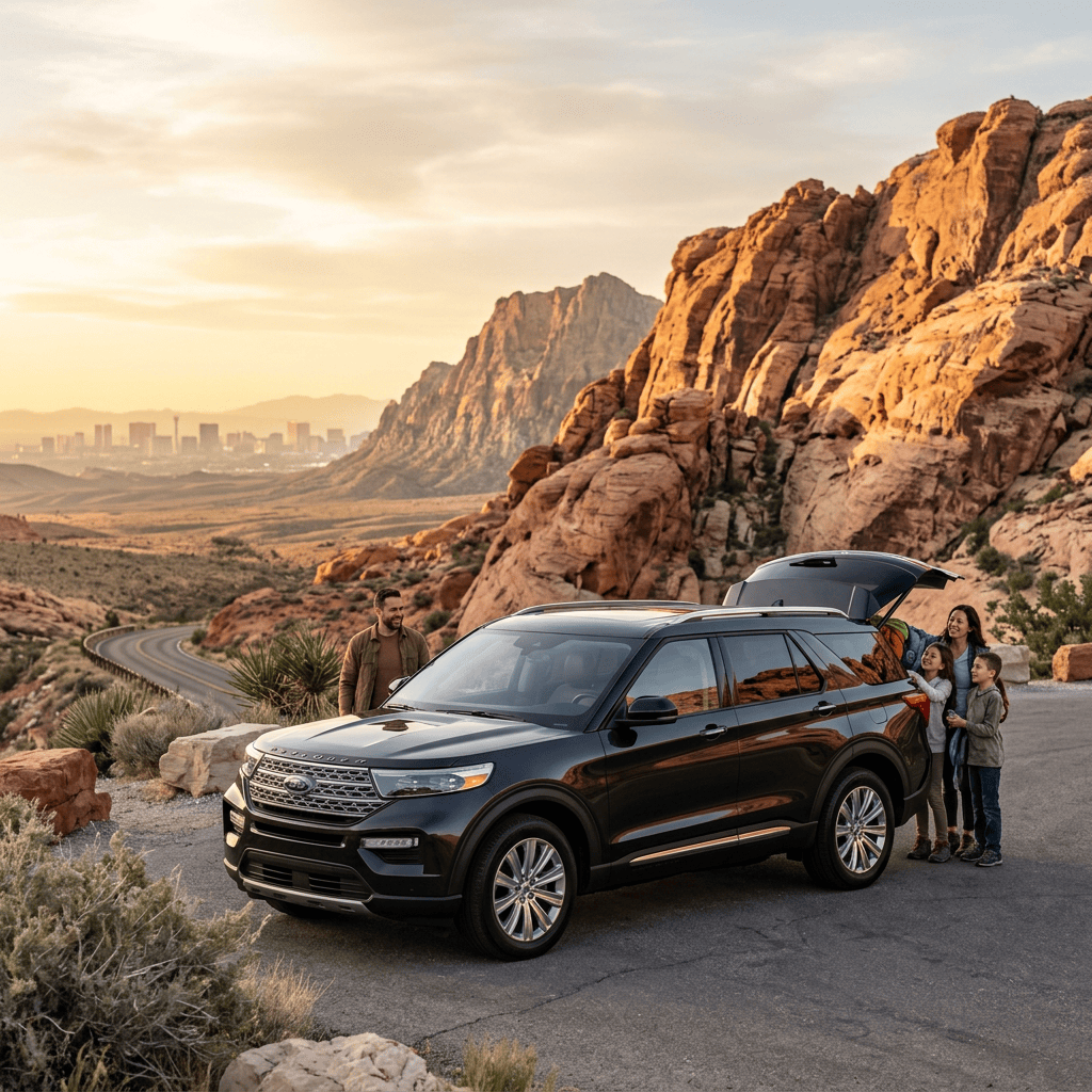 Family standing beside a dark SUV in a red-rock desert landscape