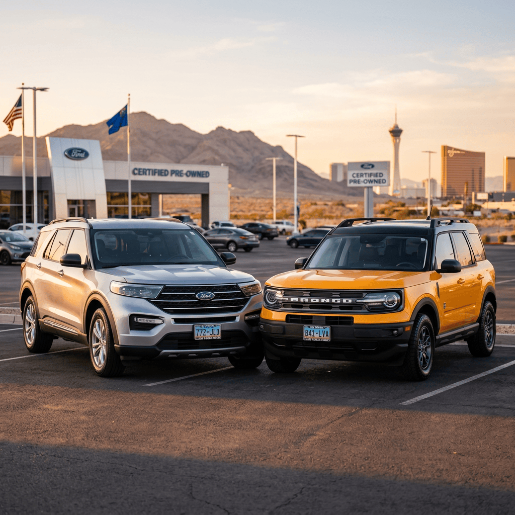 Two Ford SUVs parked outside a certified pre-owned dealership