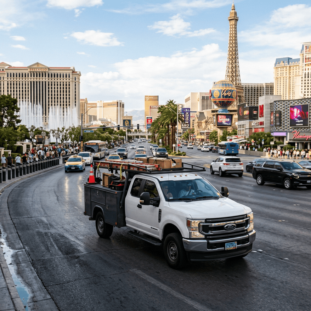 Utility truck on the Las Vegas Strip with Bellagio and Eiffel Tower replica