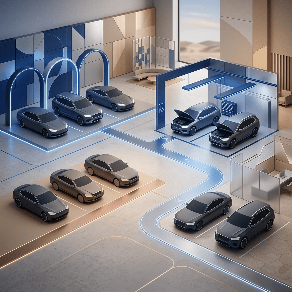 Futuristic showroom displaying electric cars beside illuminated guide paths