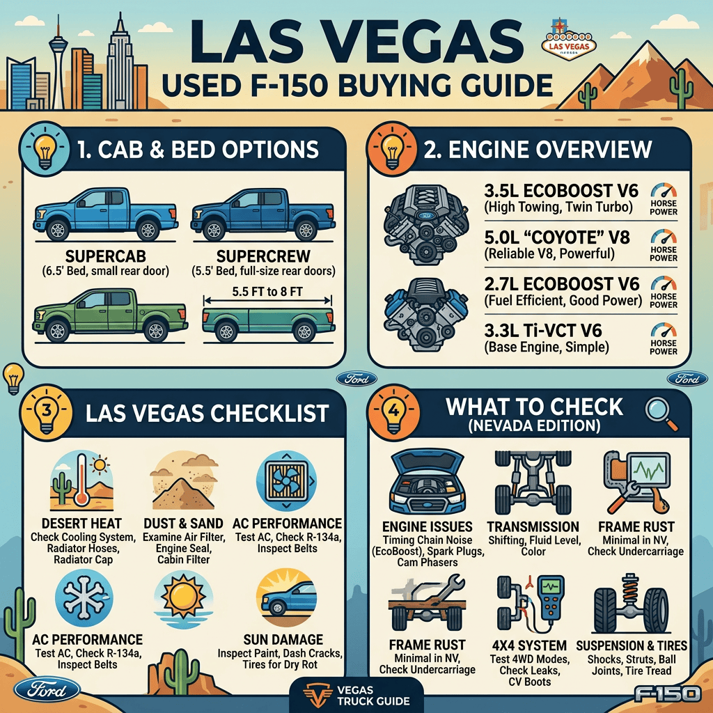 Las Vegas Used F-150 Buying Guide; Cab and Bed Options: SuperCab, 6.5-foot bed, small rear door; SuperCrew, 5.5-foot bed, full-size rear doors; 5.5-foot to 8-foot beds. Engine Overview: 3.5L EcoBoost V6, high towing, twin turbo; 5.0L Coyote V8, reliable and powerful; 2.7L EcoBoost V6, fuel efficient; 3.3L Ti-VCT V6, base engine. Las Vegas Checklist: desert heat, dust and sand, AC performance, sun damage. What to Check, Nevada Edition: engine issues, transmission, frame rust, 4x4 system, suspension and tires.