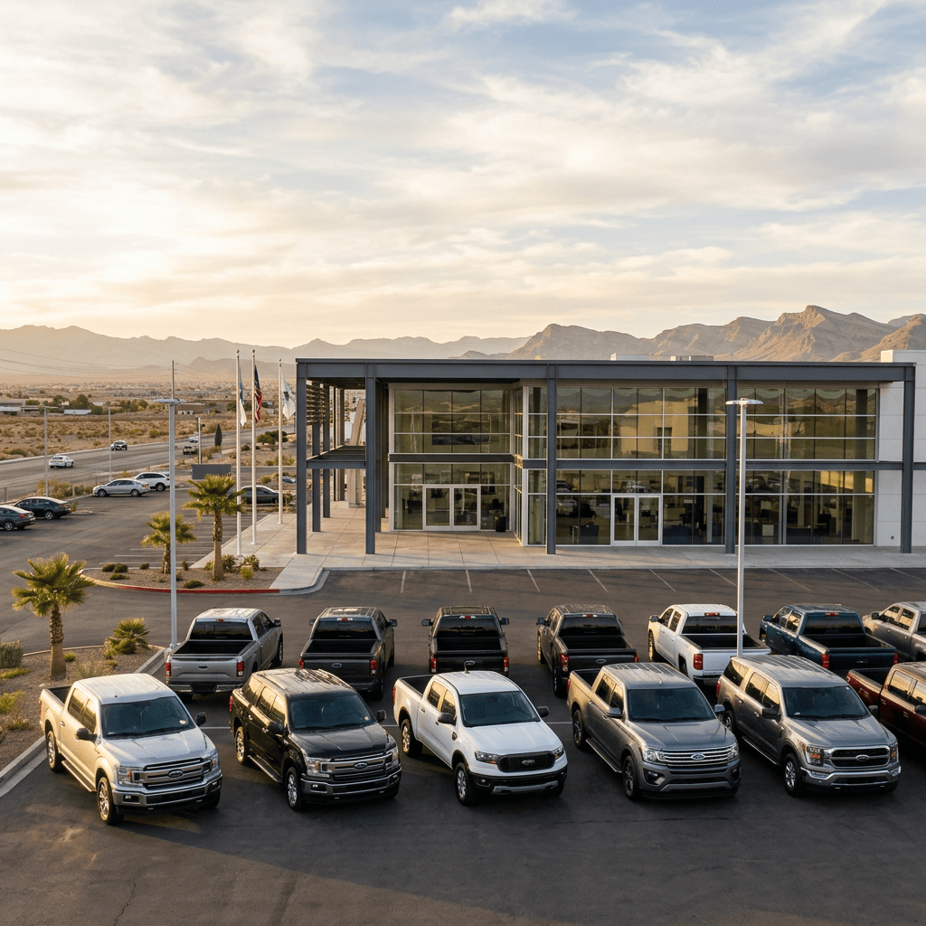 Modern vehicle dealership with pickup trucks, palm trees, and mountains