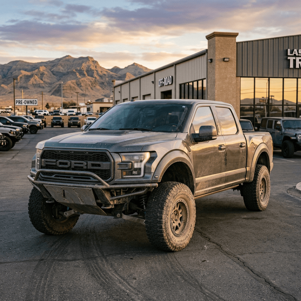 Off-road Ford pickup truck parked outside a dealership with mountains behind it