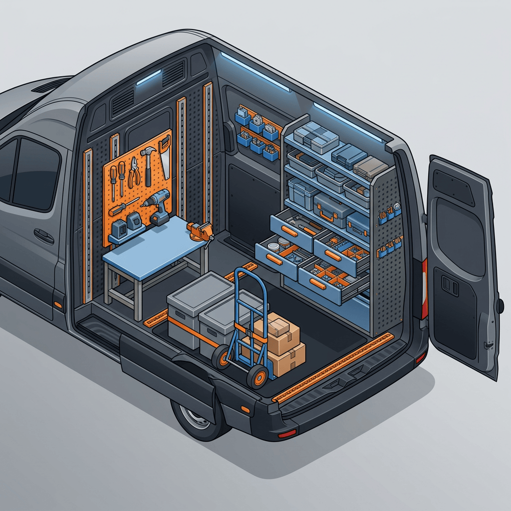Open van outfitted as a mobile workshop with tools and storage