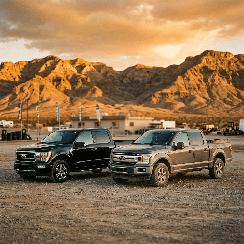 Two Ford pickup trucks parked on a dirt lot before desert mountains