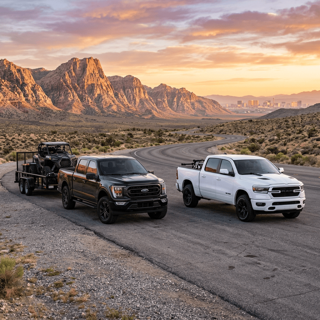 Two pickup trucks on a desert road, one towing an off-road vehicle