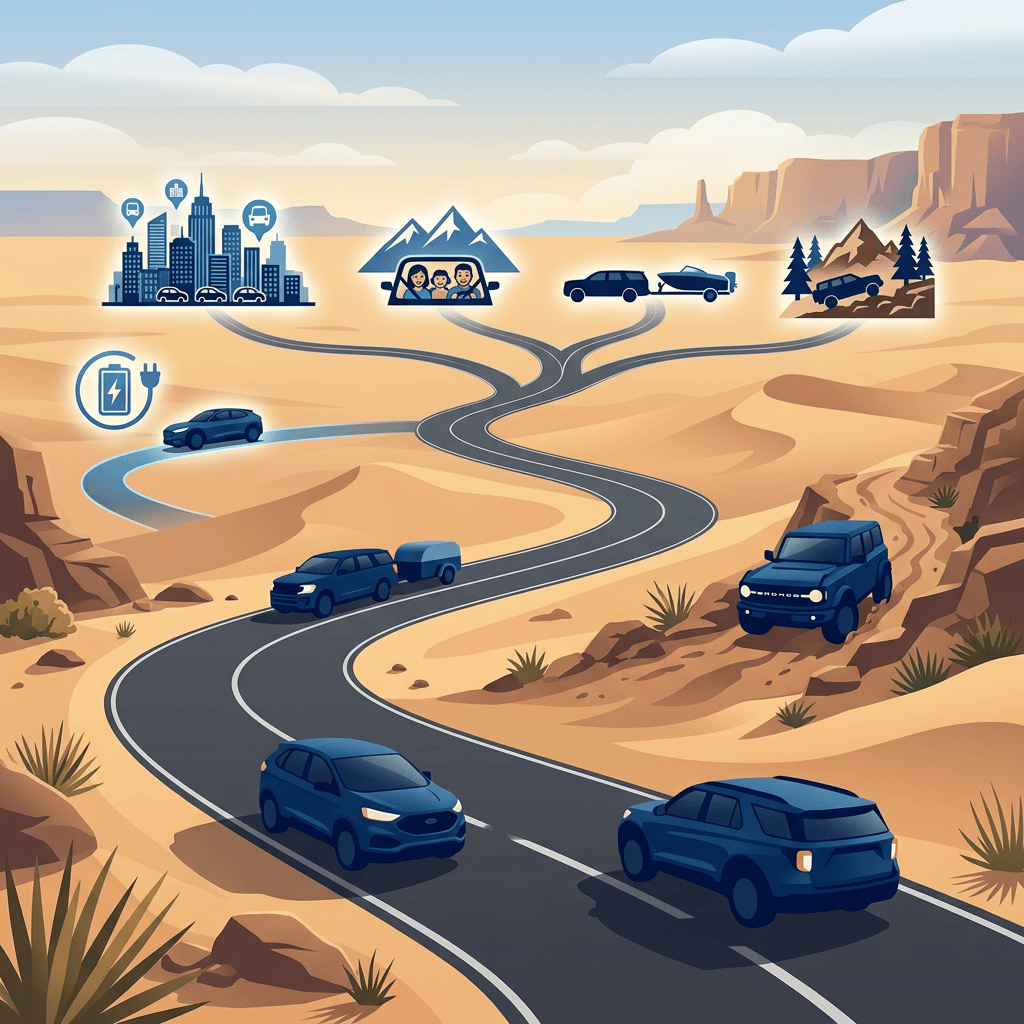 Illustration of cars traveling winding desert roads toward a city and mountains