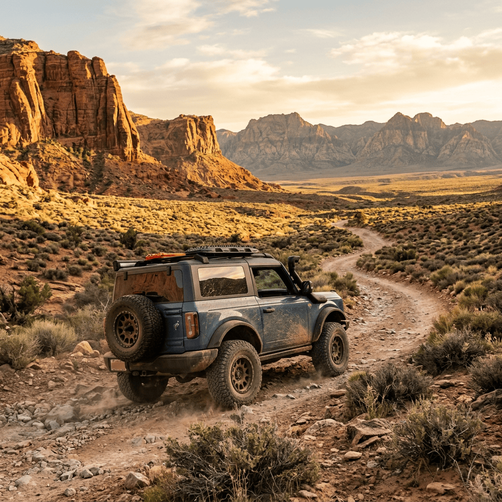Blue off-road SUV driving along a rocky desert trail beneath mountains