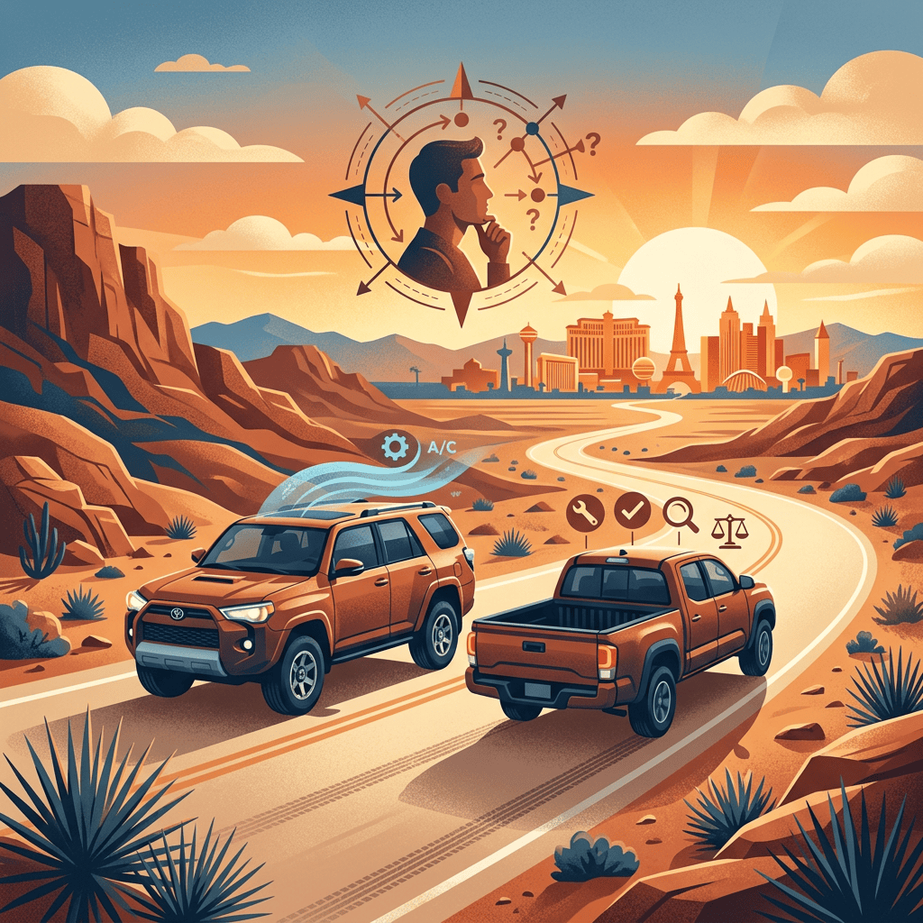 Illustration of two vehicles driving toward a city with vehicle service symbols