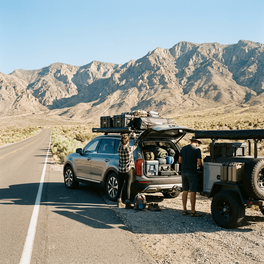 Two travelers load camping gear into an SUV and trailer beside a mountain road