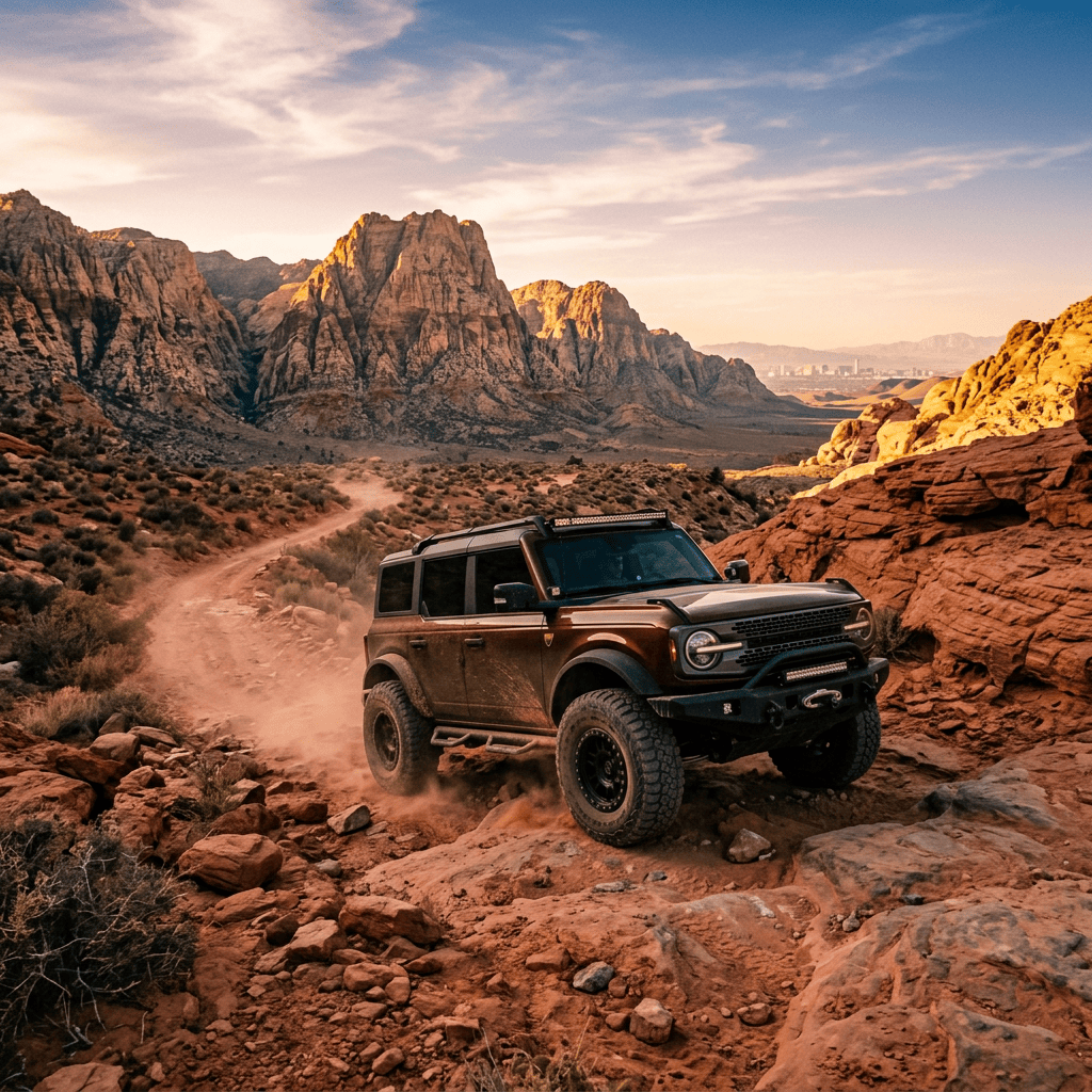 Rugged SUV driving along a rocky desert trail beneath towering sandstone mountains