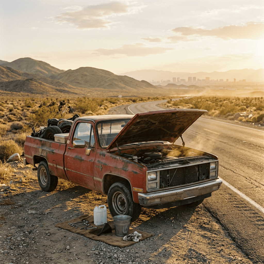 Old red pickup truck with hood open beside a desert highway