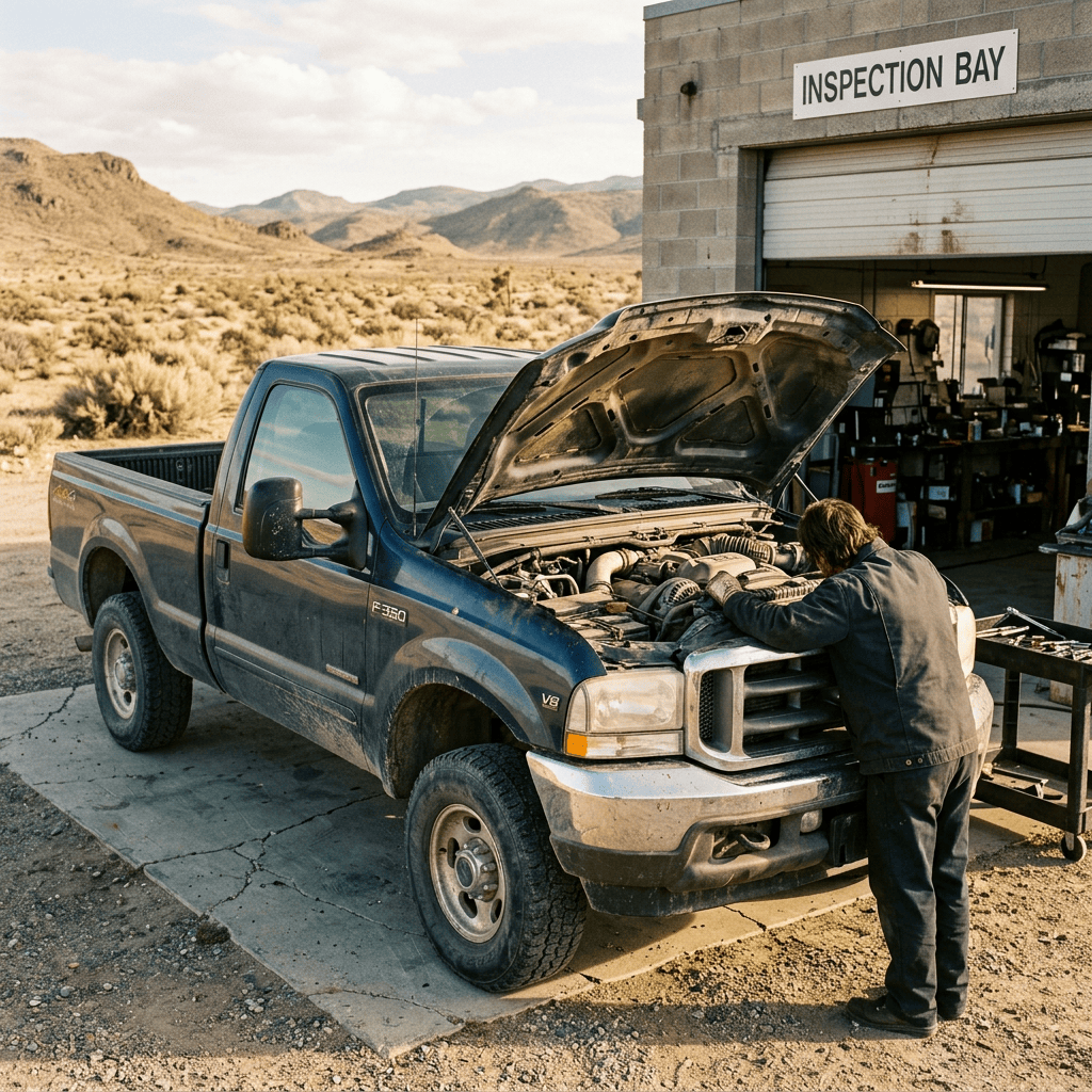Mechanic repairing an older pickup truck outside a signed inspection bay