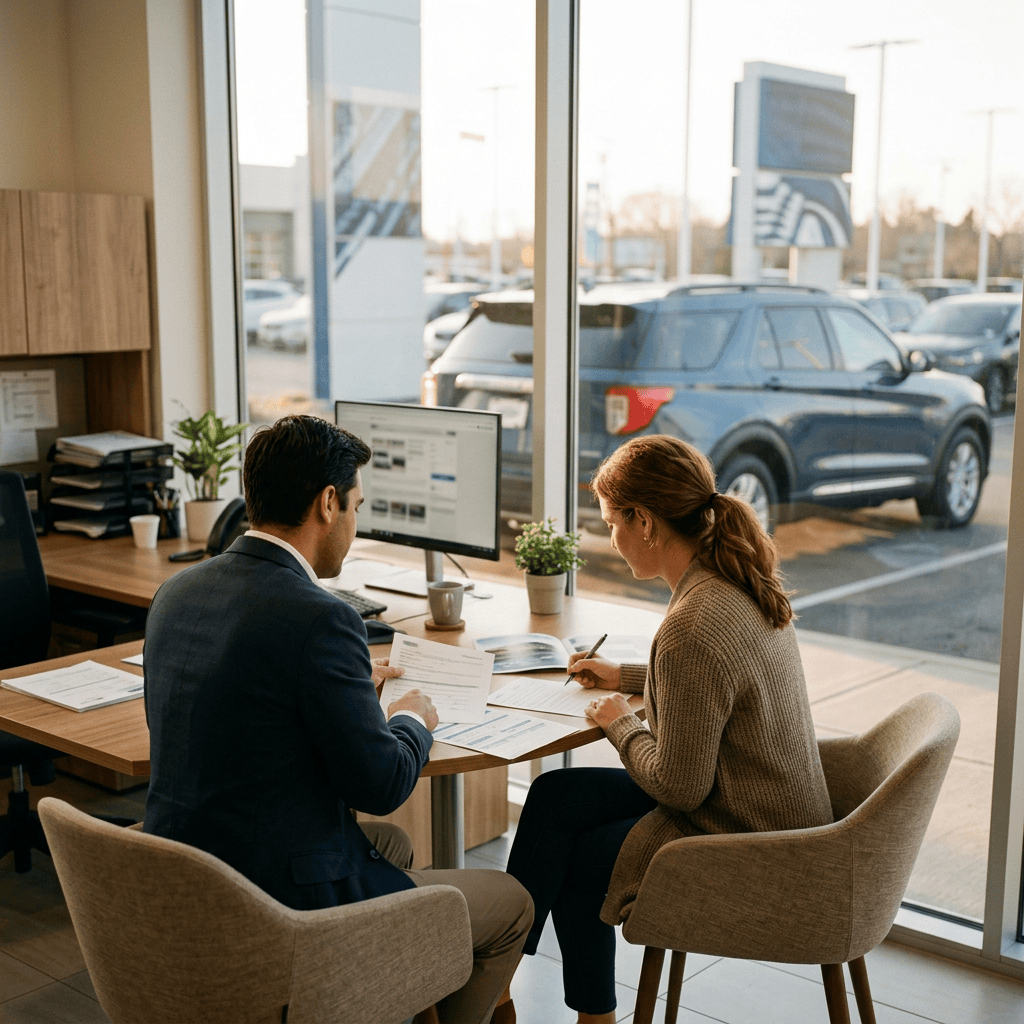 Dealership consultant and customer reviewing vehicle paperwork at a desk