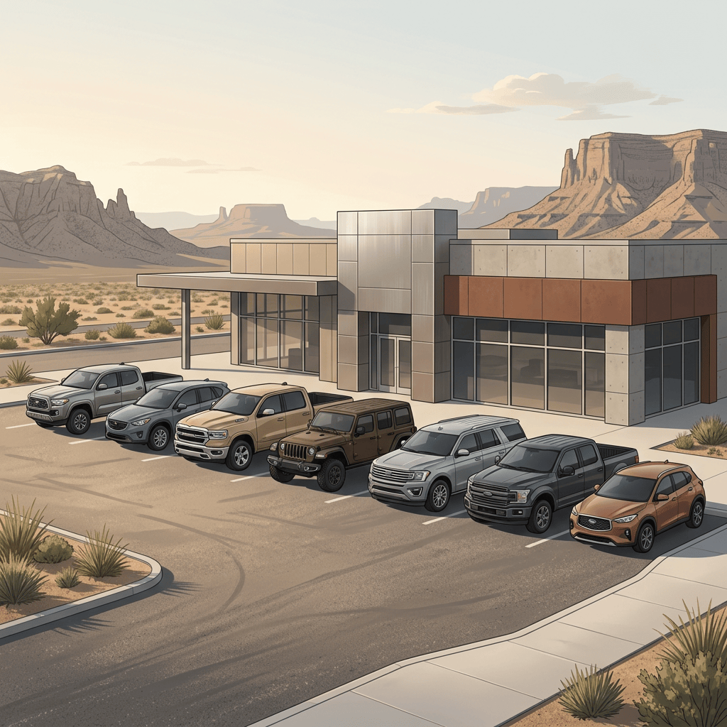 Modern car dealership with seven vehicles parked in a desert landscape