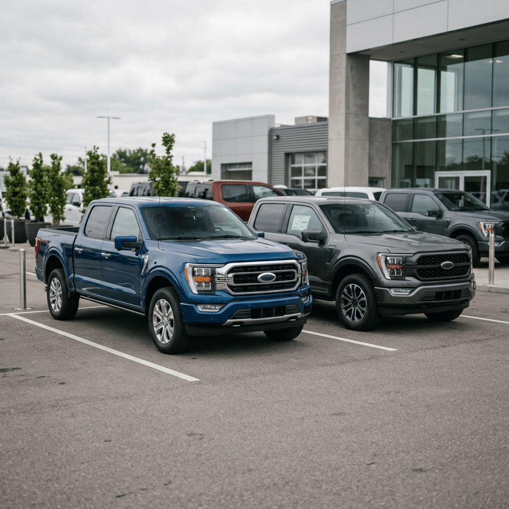 Two contrasting Ford pickup trucks at dealership