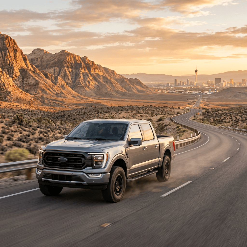 Silver pickup truck driving toward Las Vegas on a desert highway