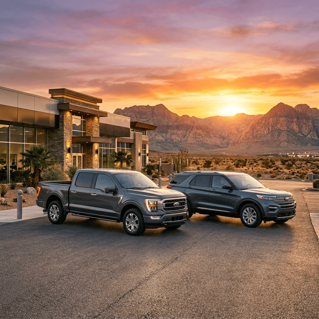 Dark pickup truck and SUV parked outside a modern building at sunset