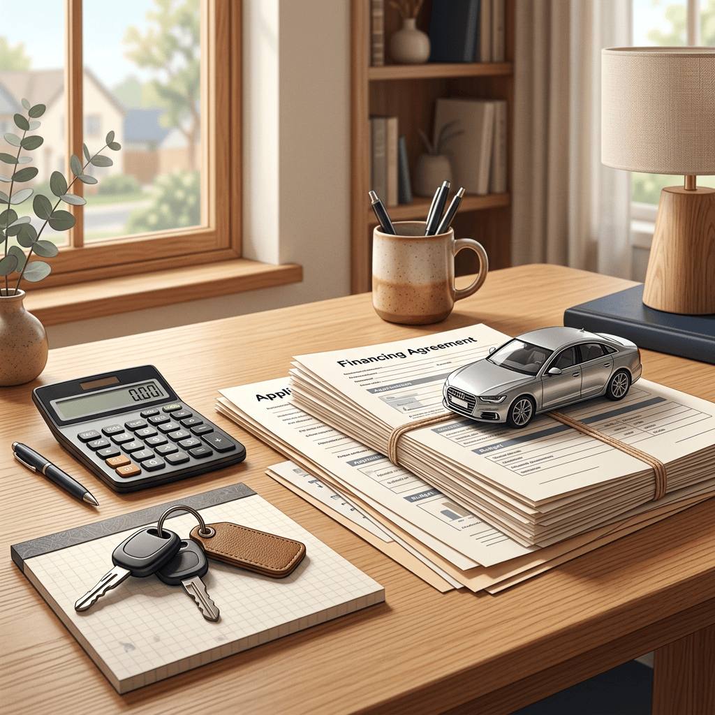 Desk with car financing documents, calculator, model car, and keys