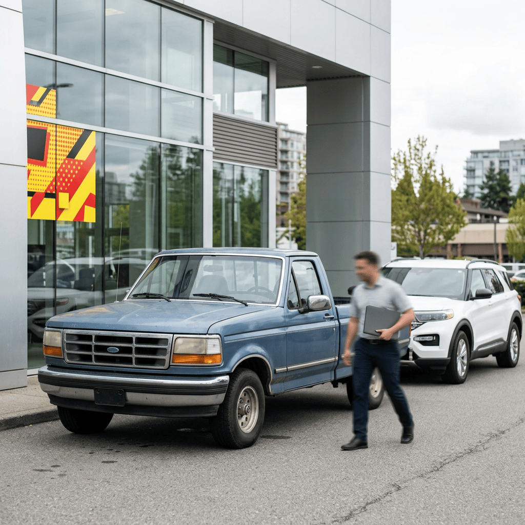 Man carrying a laptop beside an older blue pickup and white SUV