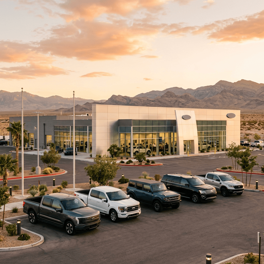 Modern auto dealership with parked trucks beneath desert mountains at sunset