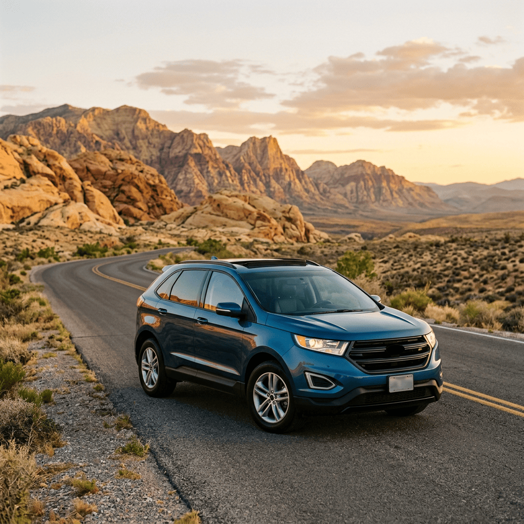 Blue SUV parked on a winding road in a desert mountain landscape