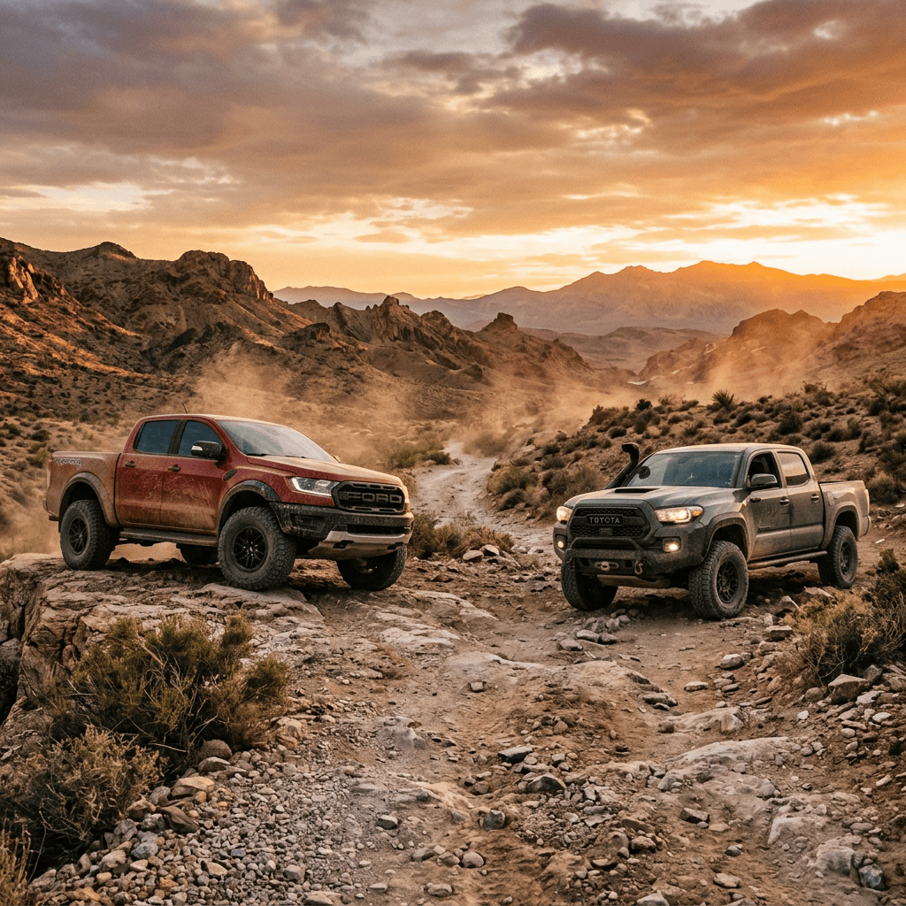 Two pickup trucks parked on a rocky desert trail at sunset