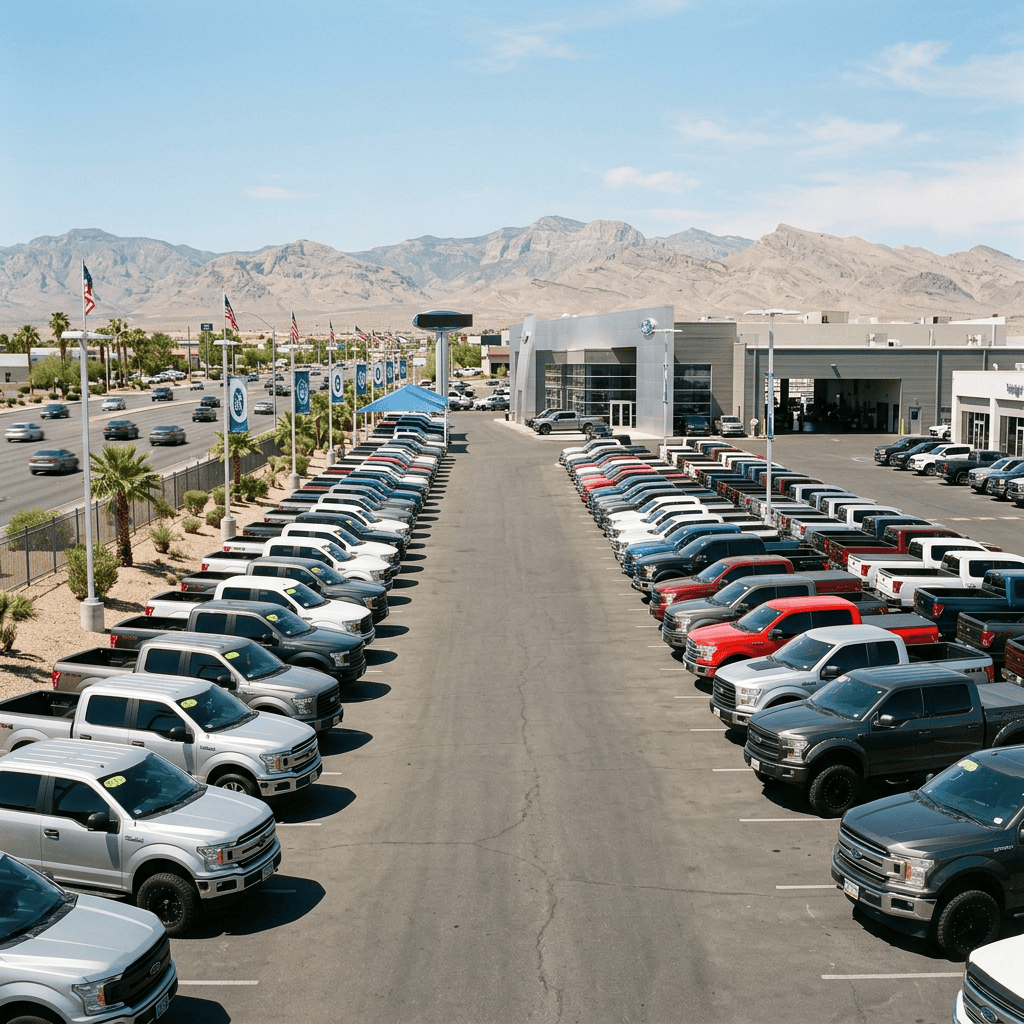 Rows of pickup trucks at a desert dealership with mountains behind