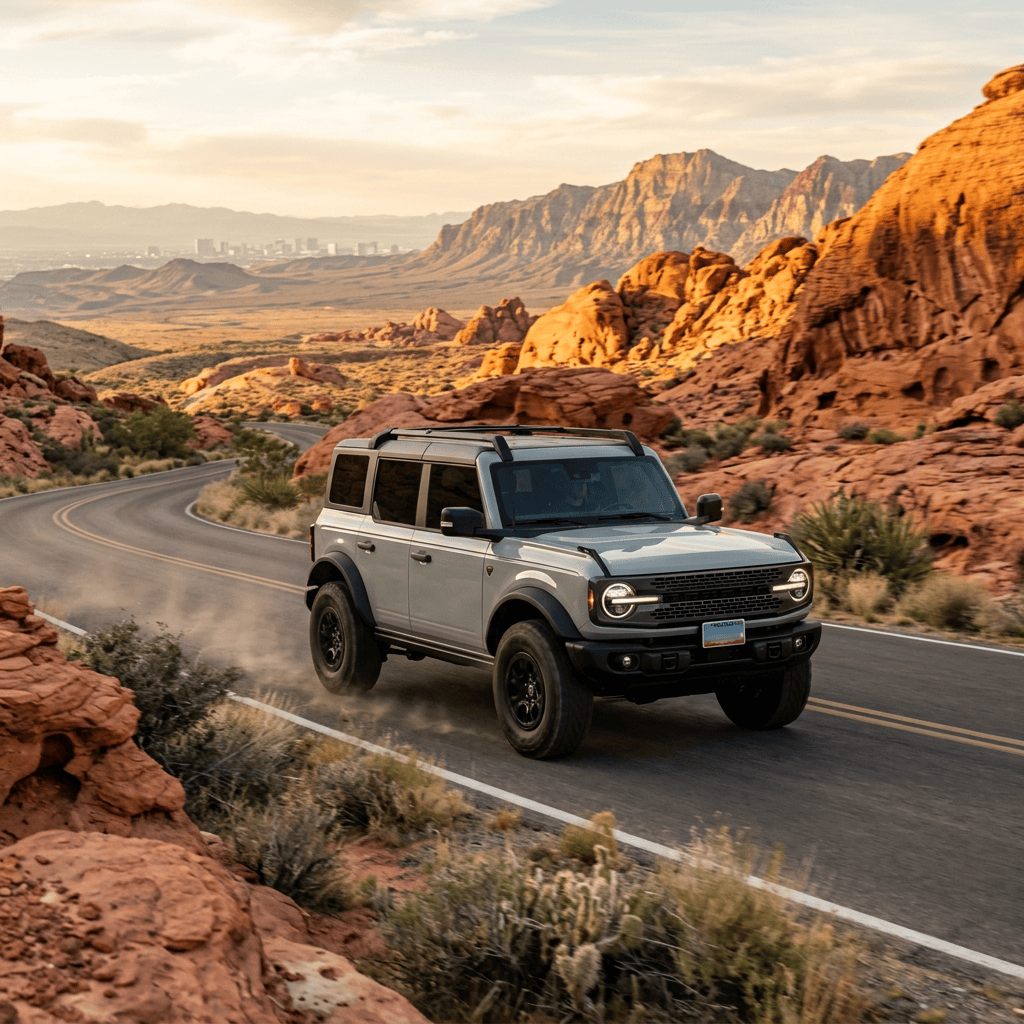 White SUV driving along a winding road through red rock desert