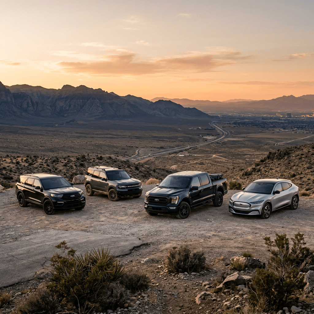Four vehicles parked on a rocky overlook above a desert valley