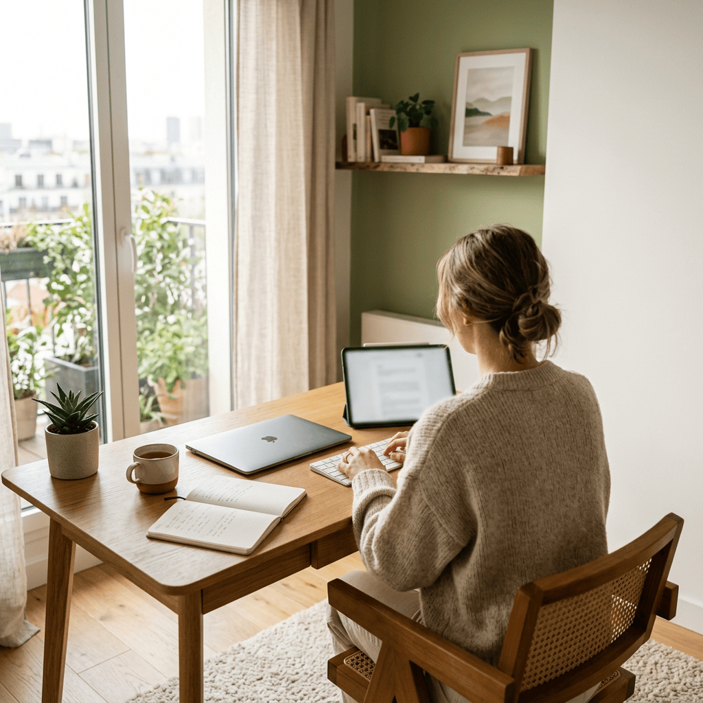 Woman working at a desk with laptop, tablet, notebook, and tea