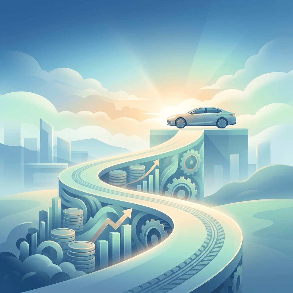 Stylized car on an ascending road above charts, coins, and gears
