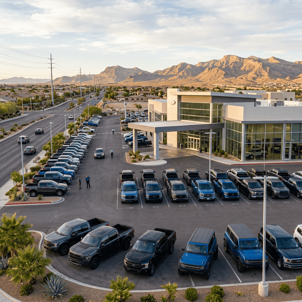 Modern car dealership parking lot beneath rugged desert mountains