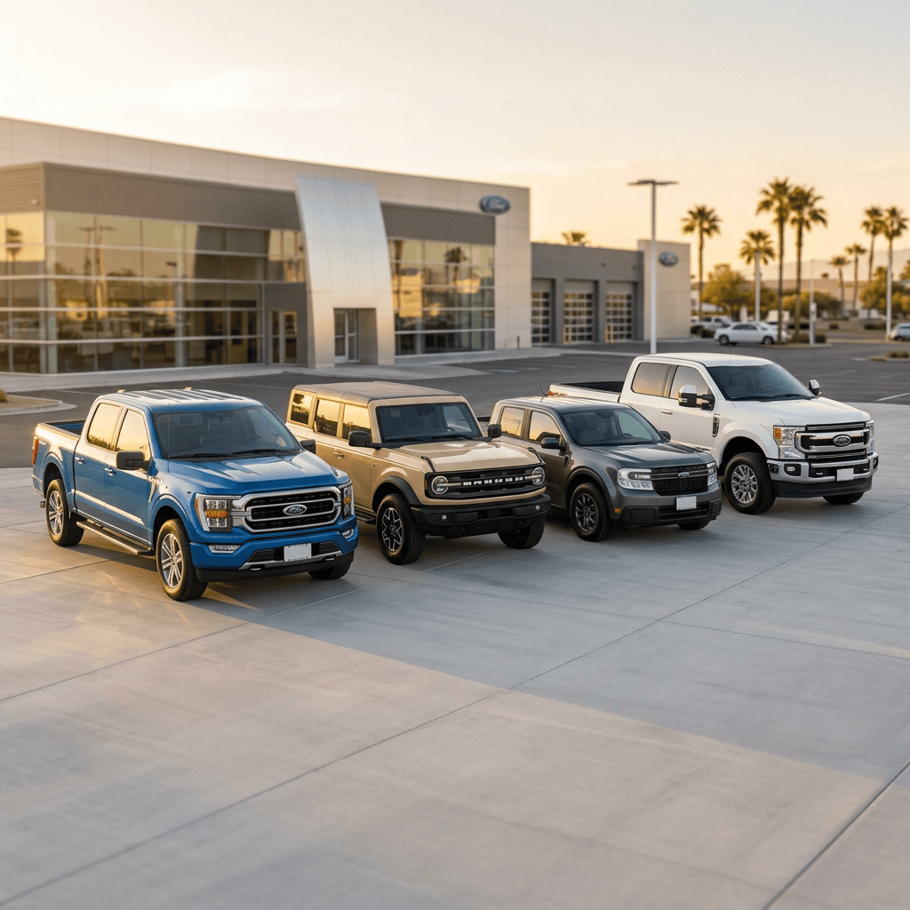 Four Ford pickup trucks parked outside a dealership