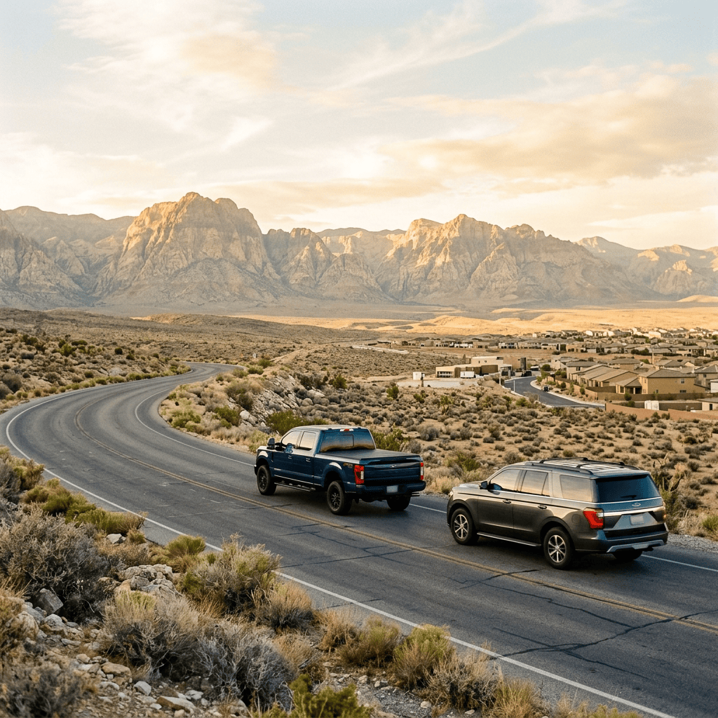 Two vehicles driving along a winding desert road near rugged mountains