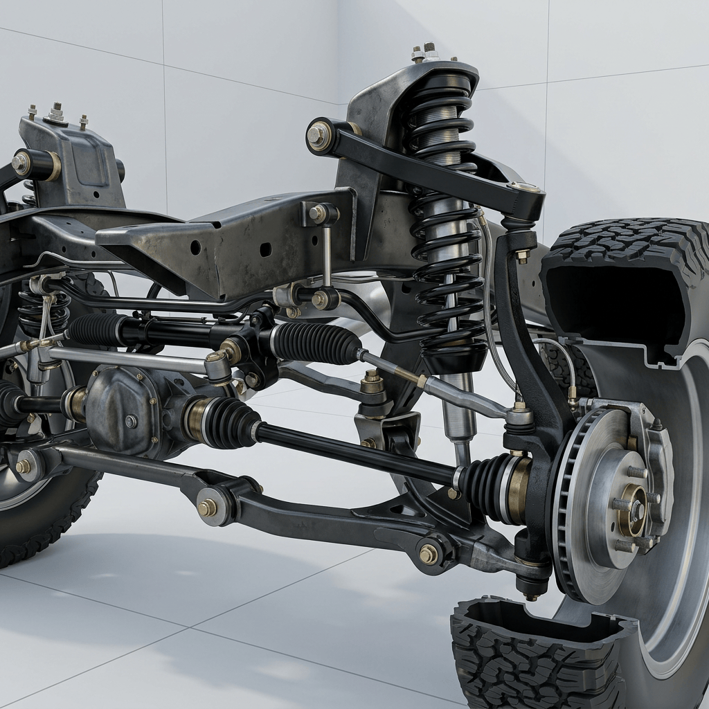 Exposed off-road vehicle suspension with coil springs, steering links, axle, and brake rotor